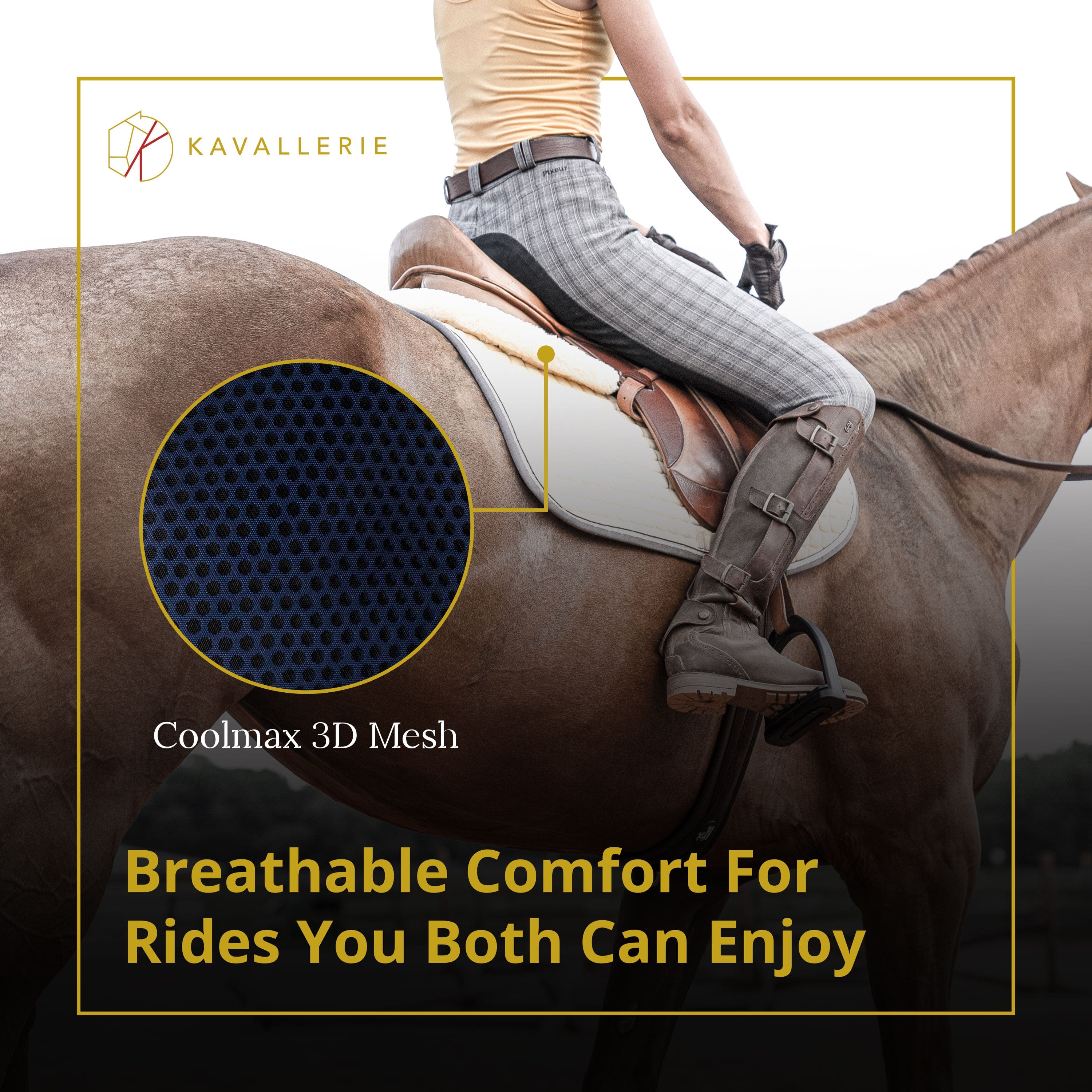 Diagram of Air Cycle Prene layers showcasing moisture-wicking, comfort, and shock absorption for horses.