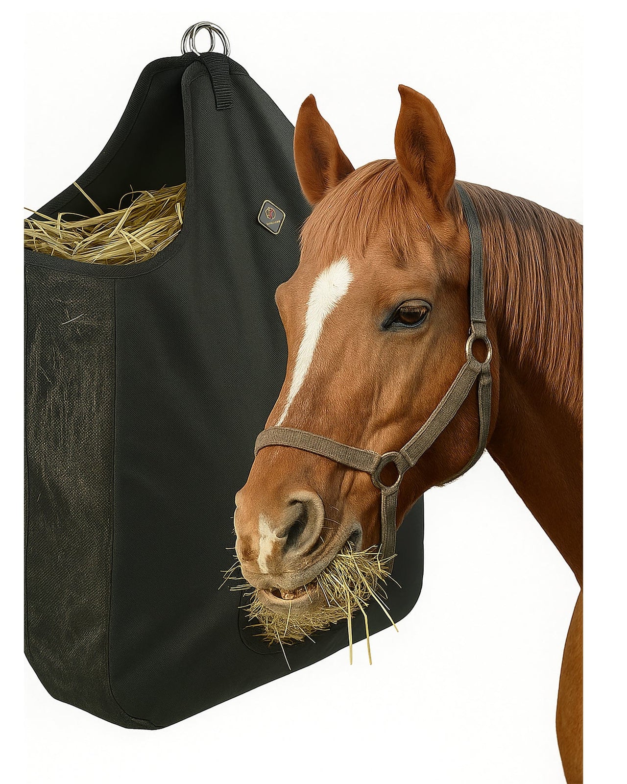 Kavallerie Horse Hay Bag, Oversized 19x12x20” Hay Bag with Mesh Sides, Easy-Fill Snap Closure & Round Feed Hole, Ideal for Stables, Trail Rides & Transport