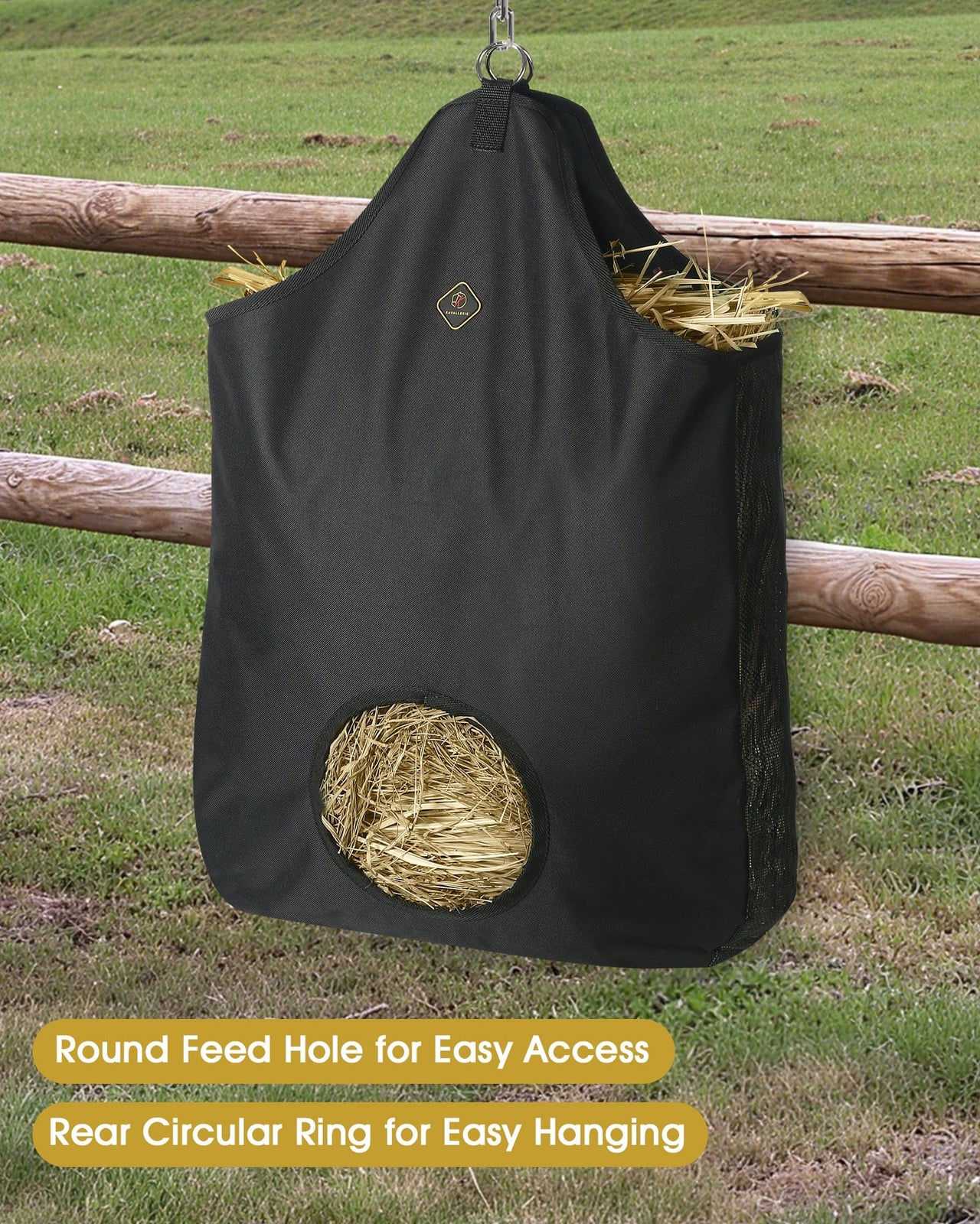 Kavallerie Horse Hay Bag, Oversized 19x12x20” Hay Bag with Mesh Sides, Easy-Fill Snap Closure & Round Feed Hole, Ideal for Stables, Trail Rides & Transport