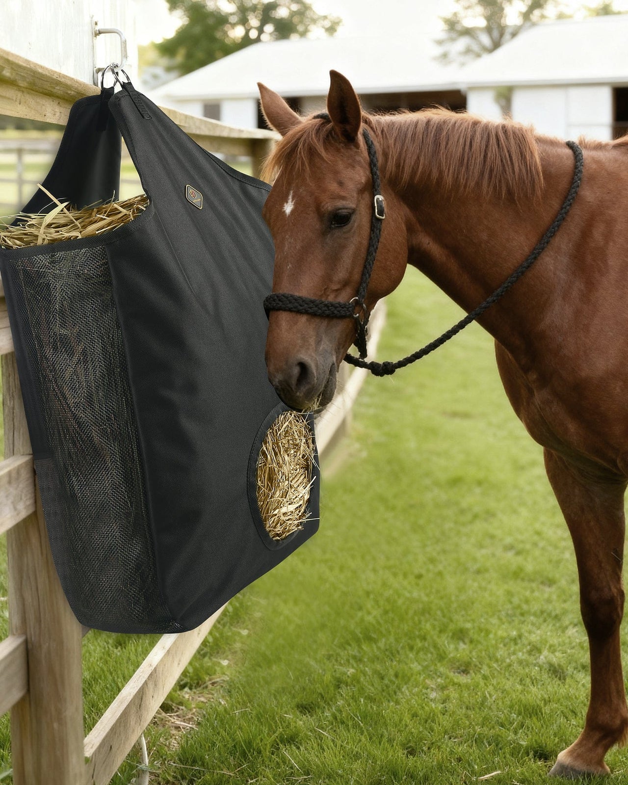 Kavallerie Horse Hay Bag, Oversized 19x12x20” Hay Bag with Mesh Sides, Easy-Fill Snap Closure & Round Feed Hole, Ideal for Stables, Trail Rides & Transport