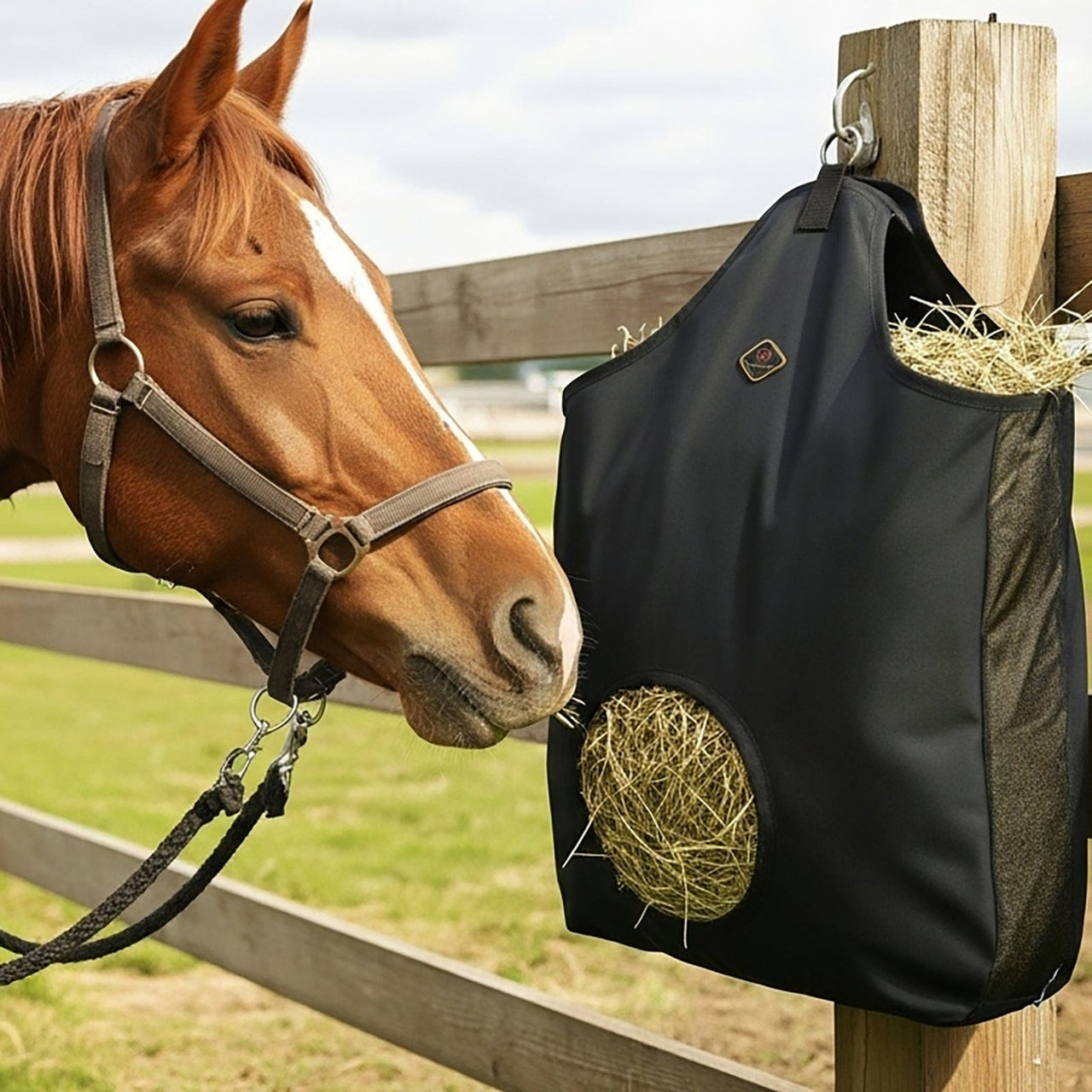 Kavallerie Horse Hay Bag, Oversized 19x12x20” Hay Bag with Mesh Sides, Easy-Fill Snap Closure & Round Feed Hole, Ideal for Stables, Trail Rides & Transport